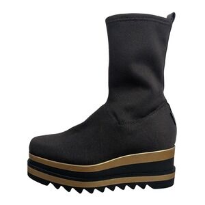 Marco Moreo Platform Sock Boots 37 Brown Gold Lug Sole Stretch Mid Calf Edgy